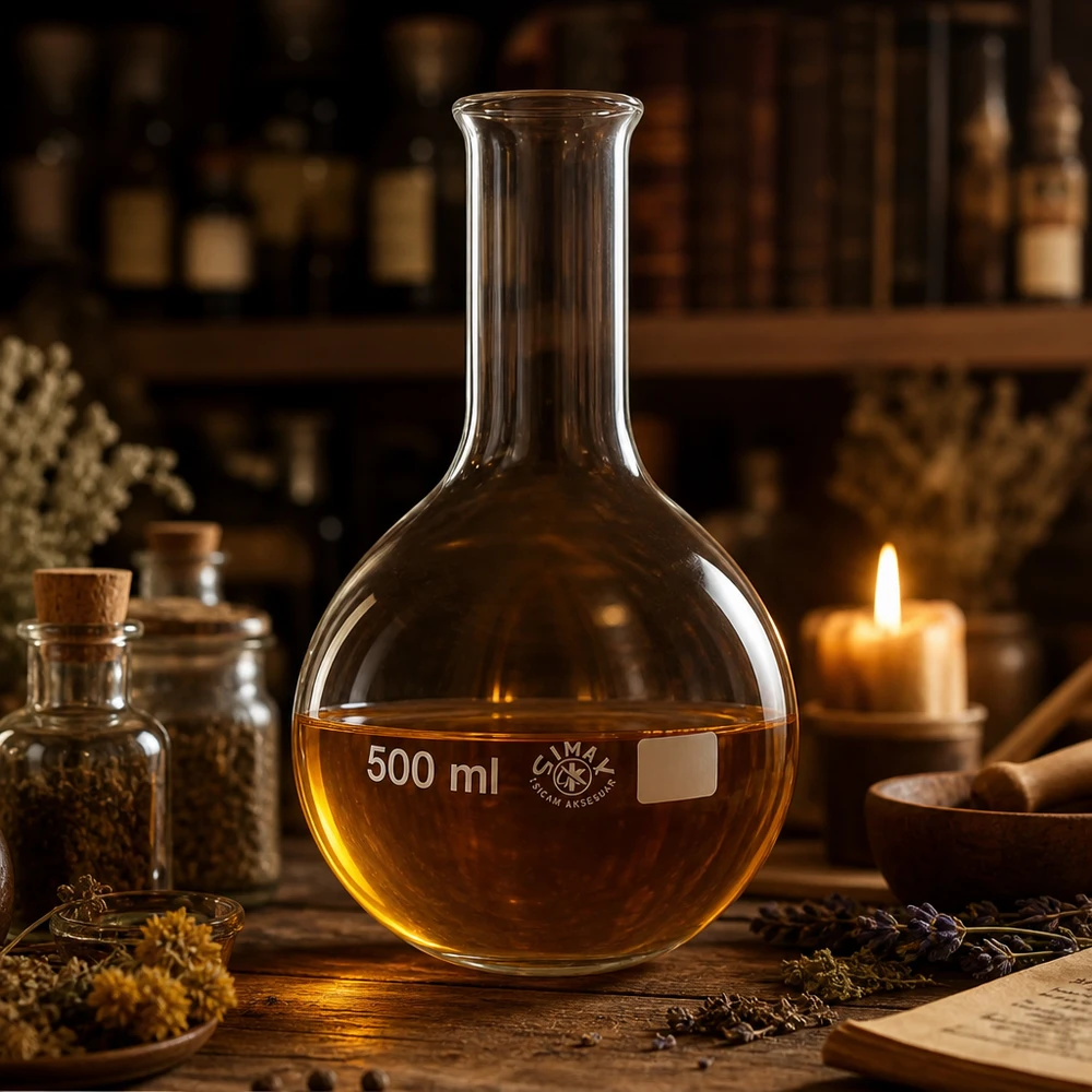 Stehkolben 500ml Enghals Rundkolben 500ml Enghals aus transparentem Glas in nostalgischem Labor-Ambiente
