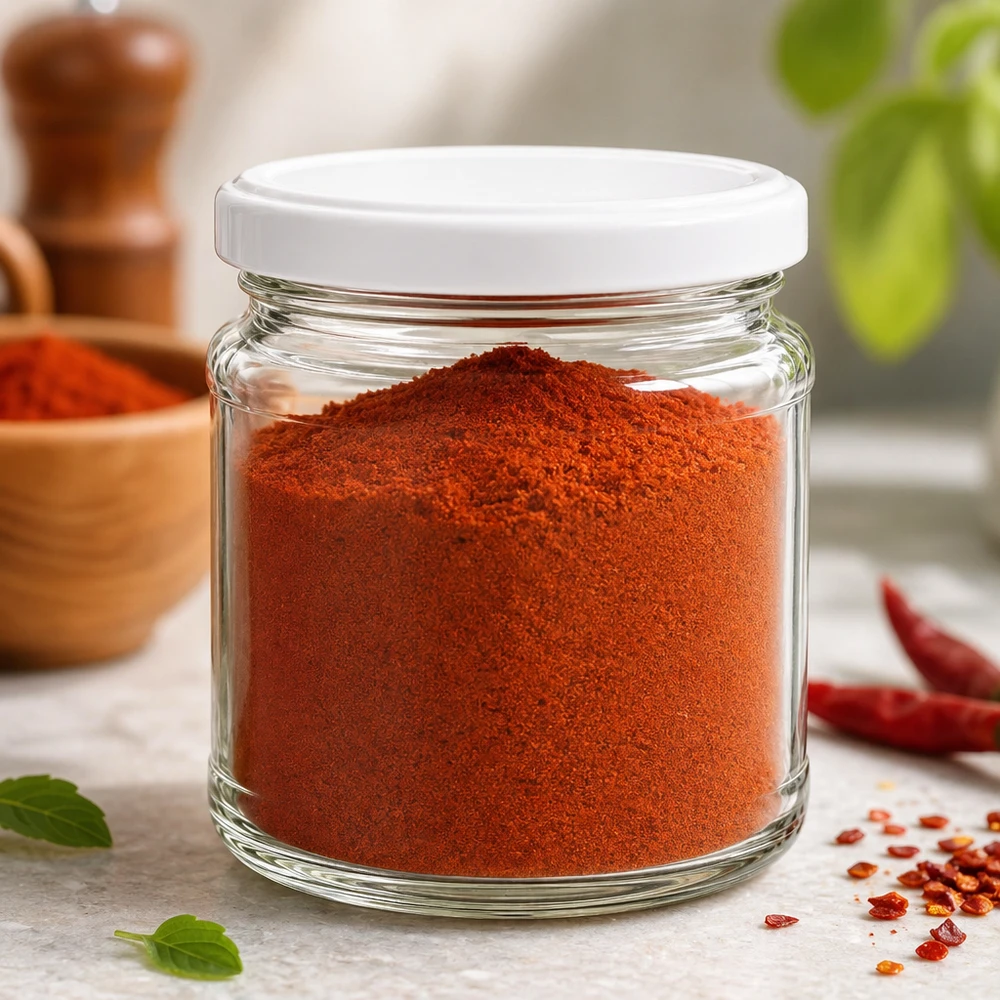 212ml Rundglas mit weißem UNiTWIST Deckel gefüllt mit rotem Paprikapulver - ideal für Gewürzaufbewahrung