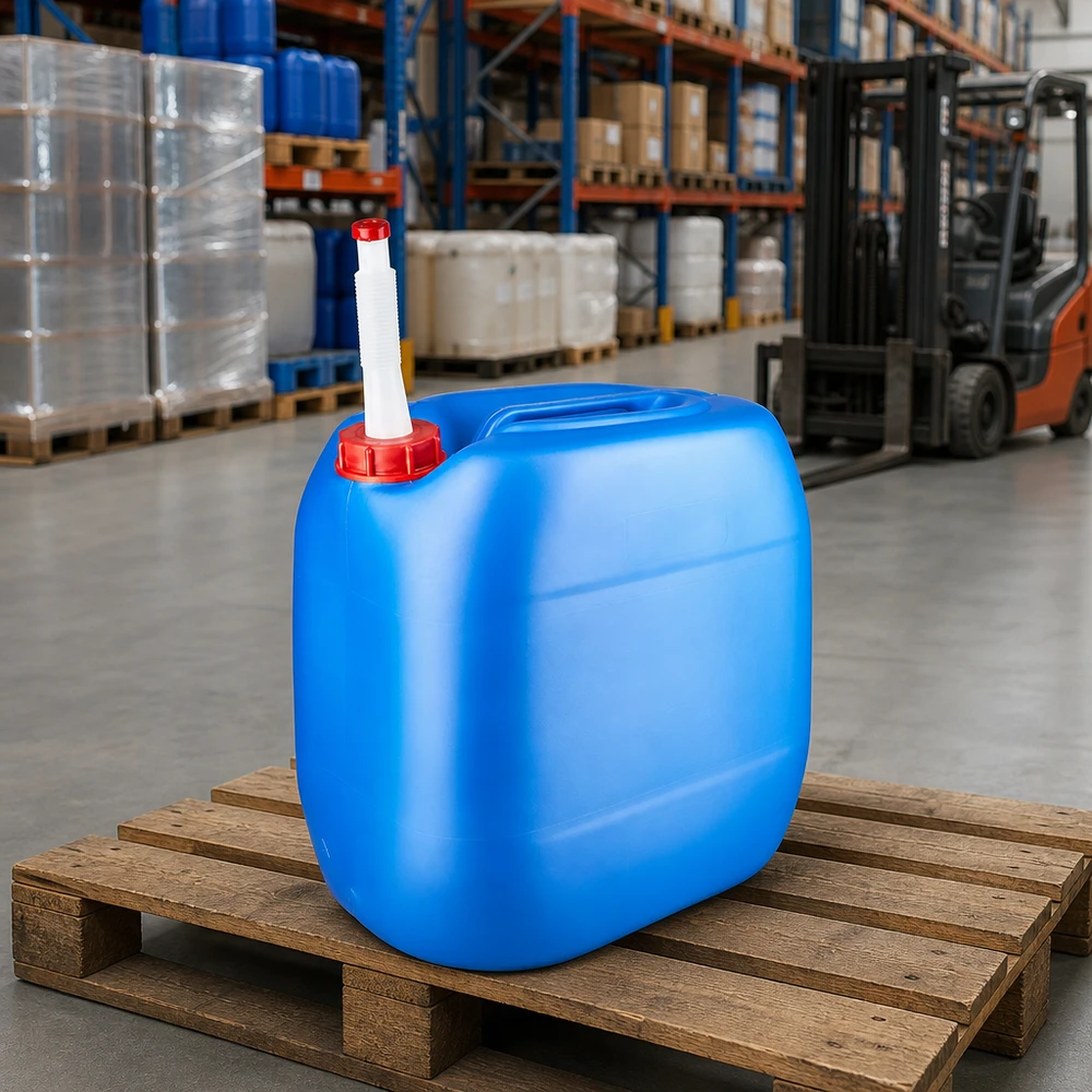 Tragbarer Vorratsbehälter 30L blau mit rotem Schraubverschluss und Flex-Auslaufrohr auf Palette