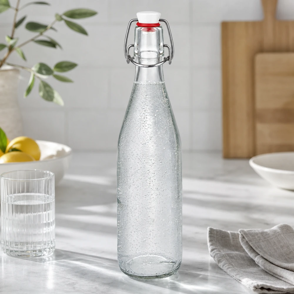 Bottiglia di vetro da 500 ml + tappo oscillante in porcellana UNITWIST Bottiglia di vetro da 500 ml con tappo girevole riempita di acqua frizzante in una cucina moderna accanto a bicchieri e posate