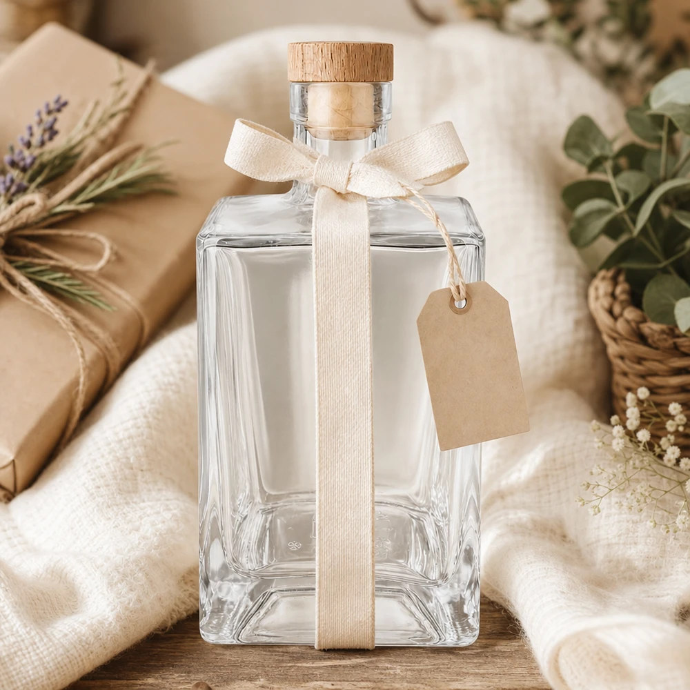 Bottiglia in vetro da 700 ml Ben con tappo in sughero con impugnatura in legno UNiTWIST® Bottiglia in vetro da 700 ml Ben in regalo, decorata con nastro color crema, ciondolo, confezione naturale, tappo in legno UNiTWIST