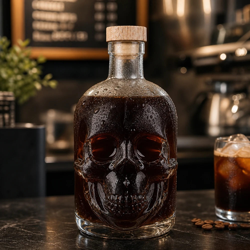 Jack Glasflasche 500ml mit dunklem Inhalt in moderner Küche, Totenkopf-Relief mit Wassertropfen und Cocktailglas
