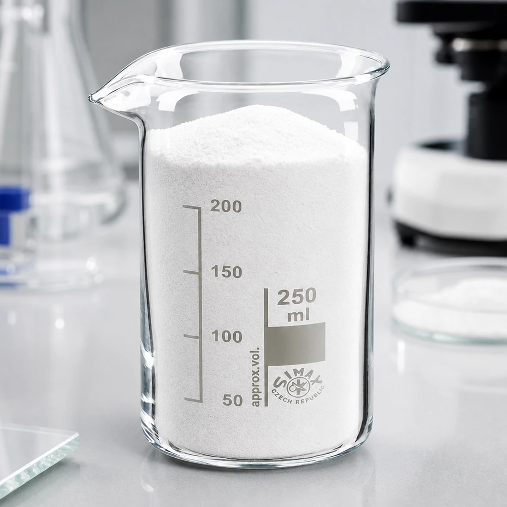 Bicchiere 250ml in vetro borosilicato, forma alta Becher da 250 ml di forma alta, riempito di polvere bianca, su un tavolo da laboratorio chiaro con un microscopio