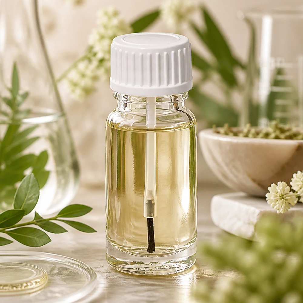 10ml Pinselflasche weiß Standardverschluss ClearLine UT18/10 UT18/10 Glasflakon 10ml weißer Schraubpinsel befüllt mit gelblichem Öl auf hellem Naturhintergrund