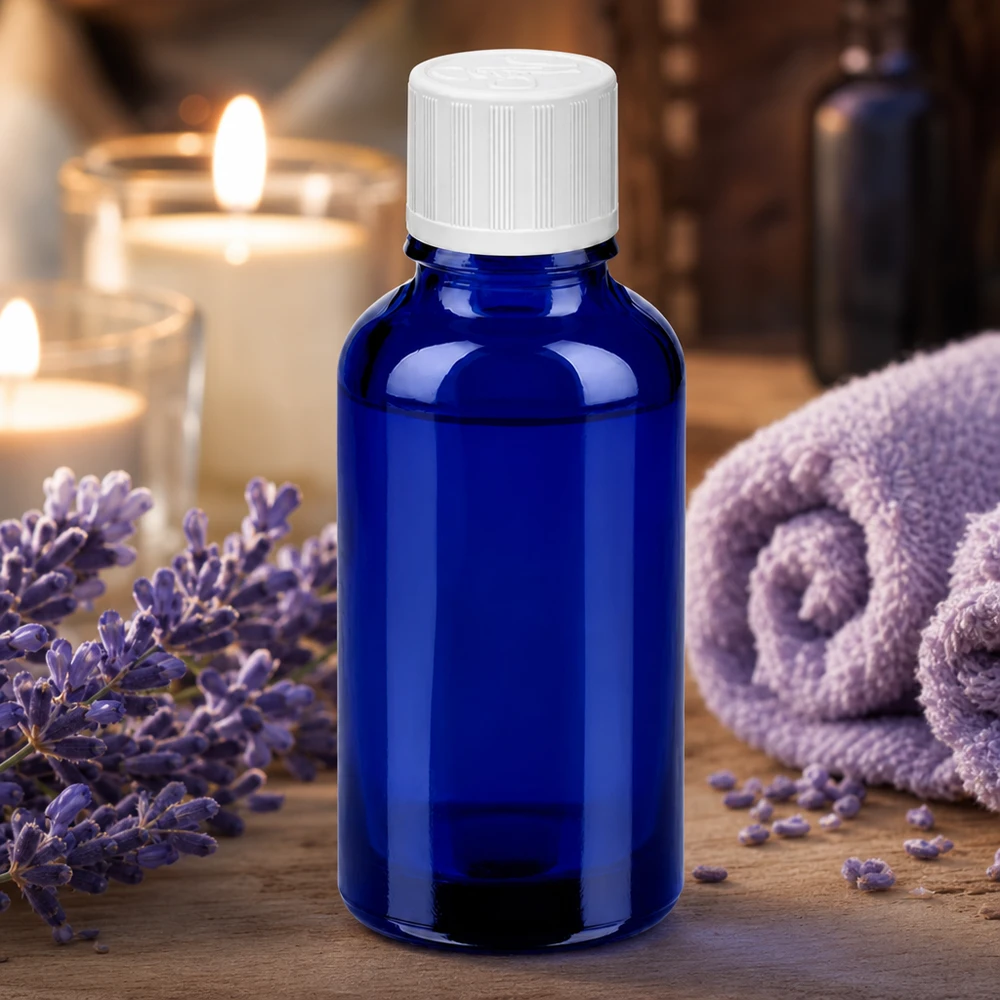 Flacone in vetro viola da 30 ml con tappo antimanomissione per una conservazione sicura del prodotto
