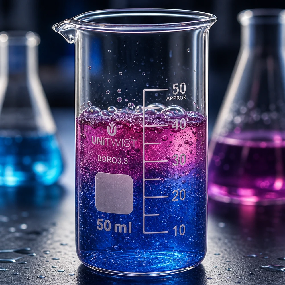 Bicchiere 50ml borosilicato, stampo alto UNITWIST Becher da 50 ml, forma alta, in borosilicato 3.3, con liquido di reazione blu-viola e formazione di bolle