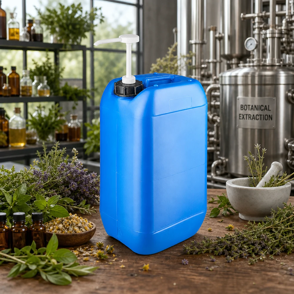 Bidon de 15 litres bleu avec pompe doseuse Bidon bleu de 15 litres muni d'une pompe doseuse, entouré d'herbes fraîches et d'extraits botaniques