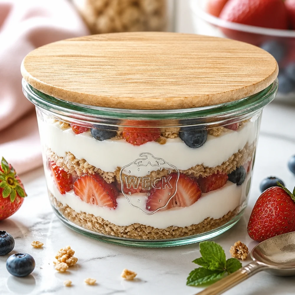 WECK mini tumbler 50ml come coppa da dessert con dessert a strati di yogurt e mirtilli e coperchio in bambù su un tavolo di marmo bianco