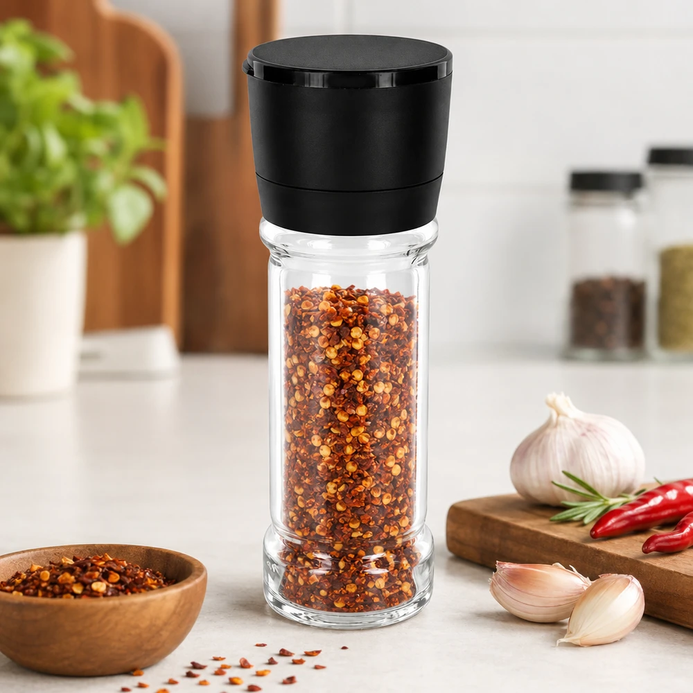 Pot à sel/épices 100 ml avec moulin Vario noir Kompakte Salzmühle Vario 100ml mit schwarzem Mahlkopf und zylindrischem Klarglasbehälter