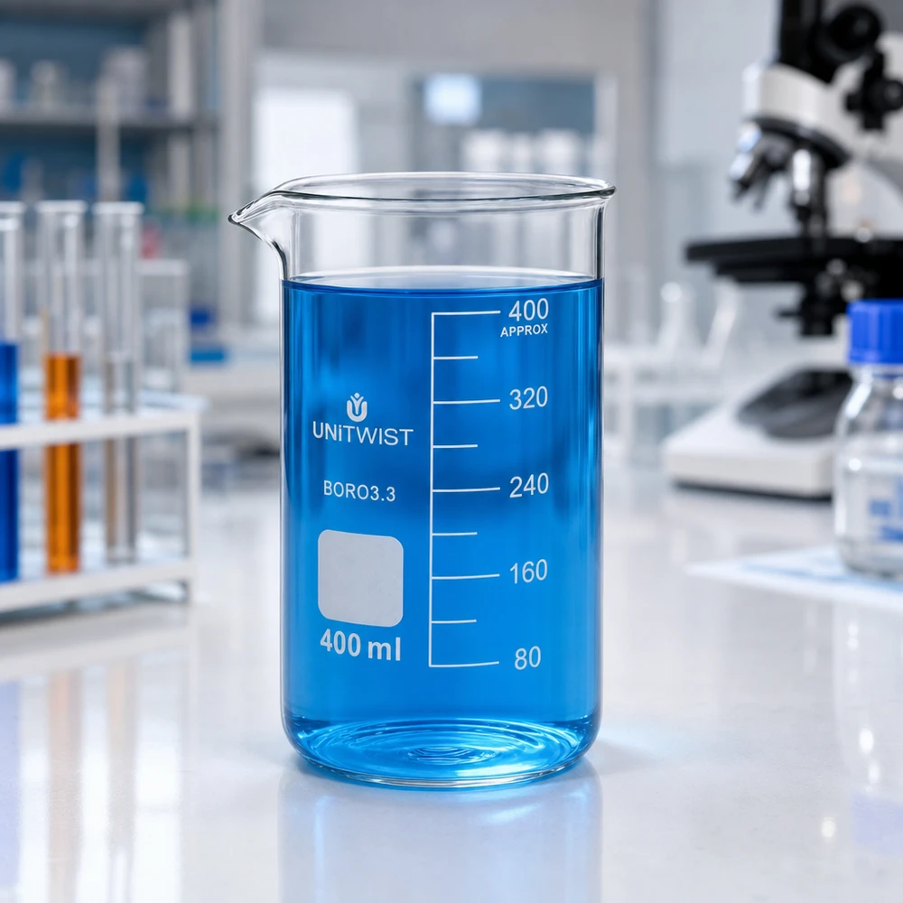 Bicchiere 400ml borosilicato, stampo alto UNITWIST Becher da laboratorio UNITWIST da 400 ml in vetro borosilicato alto con liquido blu su un tavolo da laboratorio bianco