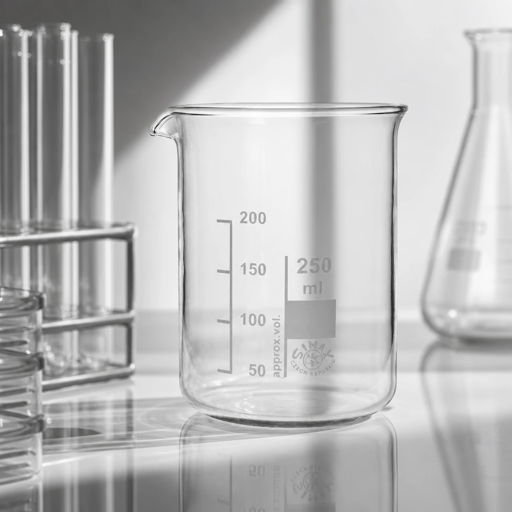 Bicchiere 250ml in vetro borosilicato, forma bassa Bicchiere di precisione da 250 ml in vetro borosilicato trasparente per una misurazione esatta del volume