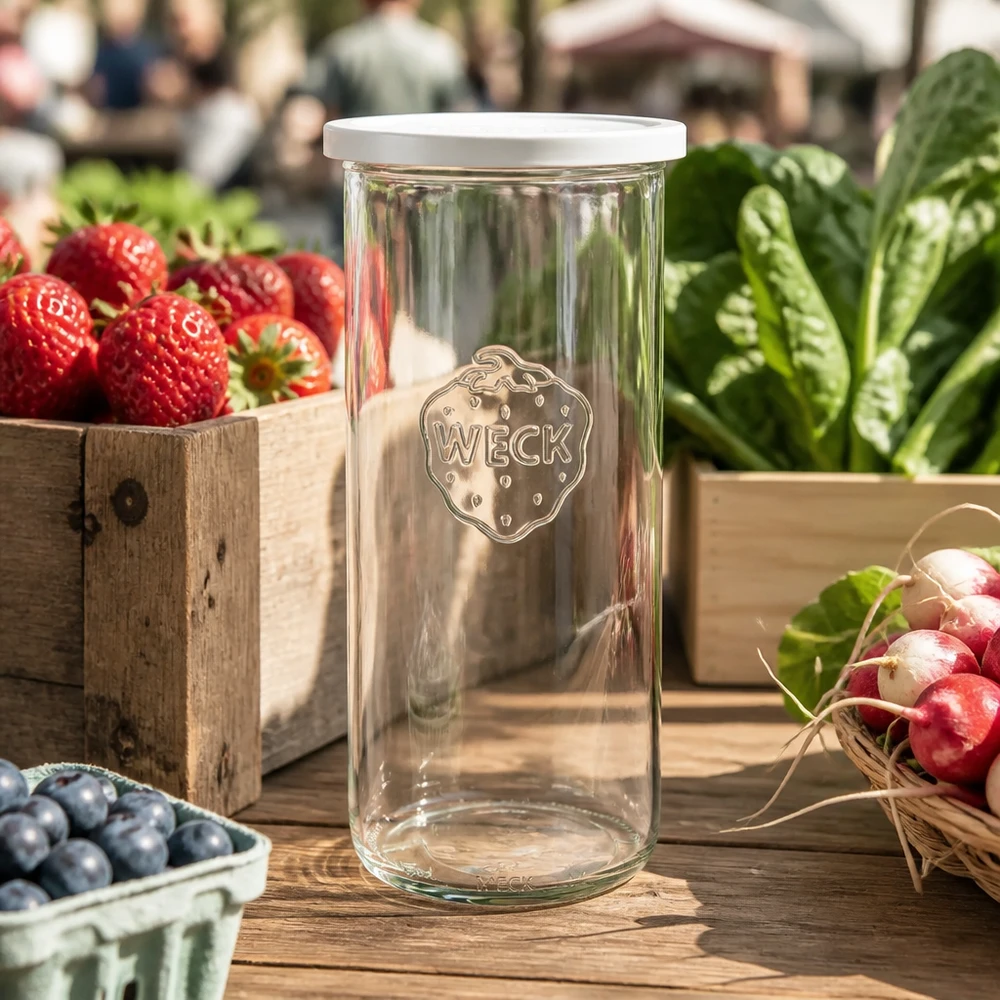 1500ml Sturzglas mit Frischedeckel WECK RR100 WECK Sturzglas 1500ml RR100 mit Frischedeckel zwischen frischem Gemüse und Obst auf Holztisch im Markt-Ambiente
