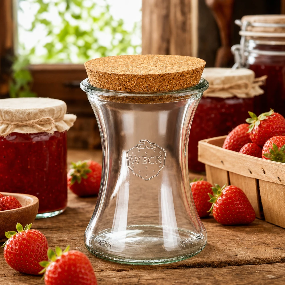 Barattolo WECK 370ml RR80 Scena di vita con fragole e barattoli di marmellata su tavolo di legno in cucina