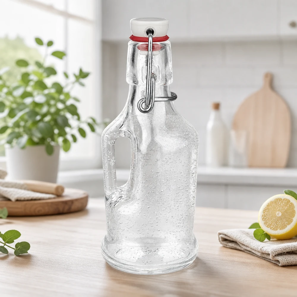 Bottiglia in vetro da 200 ml Bertha e tappo a clip in porcellana UNiTWIST® Bottiglia di vetro Bertha da 200 ml vuota con gocce d'acqua e tappo oscillante in porcellana bianca sul piano di lavoro della cucina UNiTW