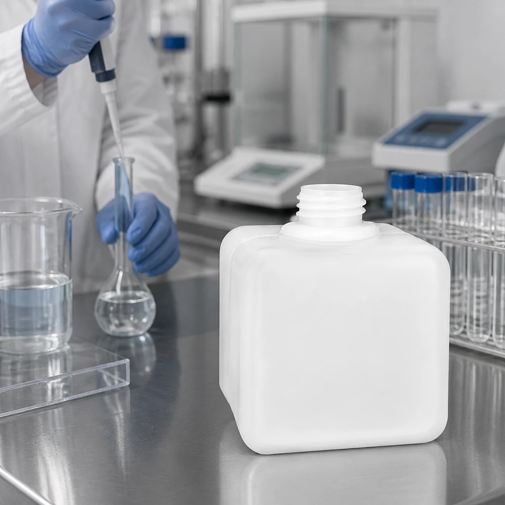 Flacon de stockage compact et carré de 500 ml en PE-HD, col étroit GL32, destiné aux liquides chimiques en laboratoire