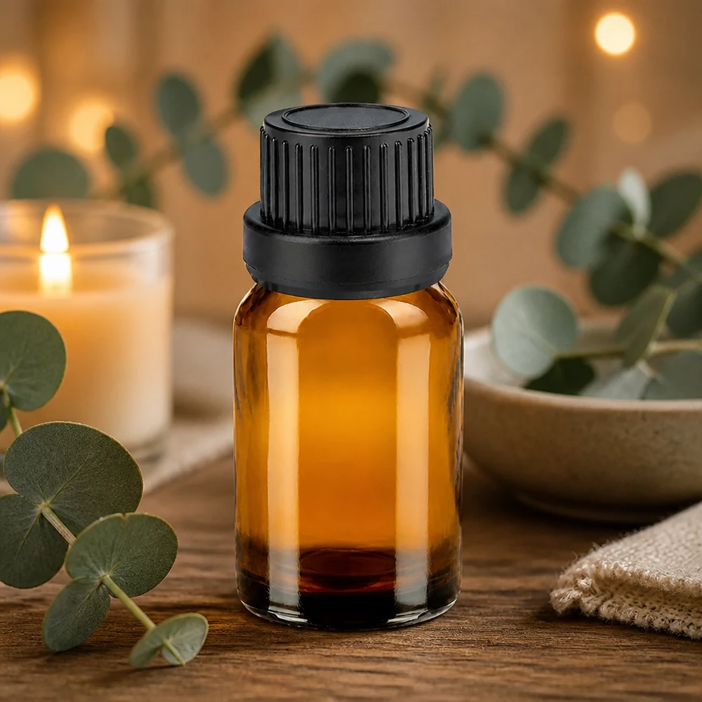 Flacone da 10 ml in vetro ambrato protetto dai raggi UV con tappo nero ideale per sostanze sensibili alla luce