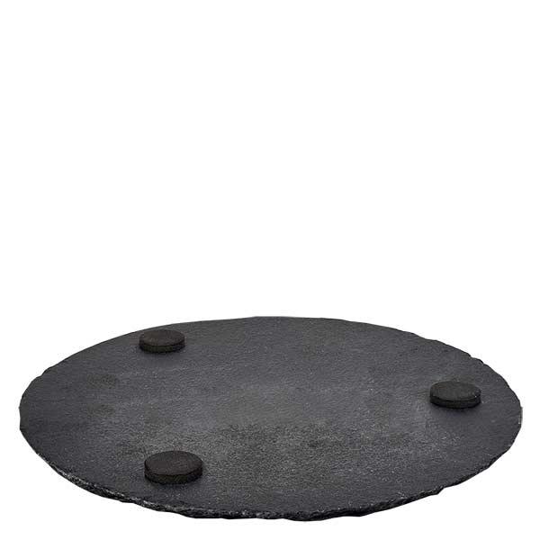 Piatto da portata rotondo in ardesia Ø 150 mm Piatto in ardesia rotondo da 15 cm con tre piedini in gomma nera per un appoggio antiscivolo su sfondo bianco