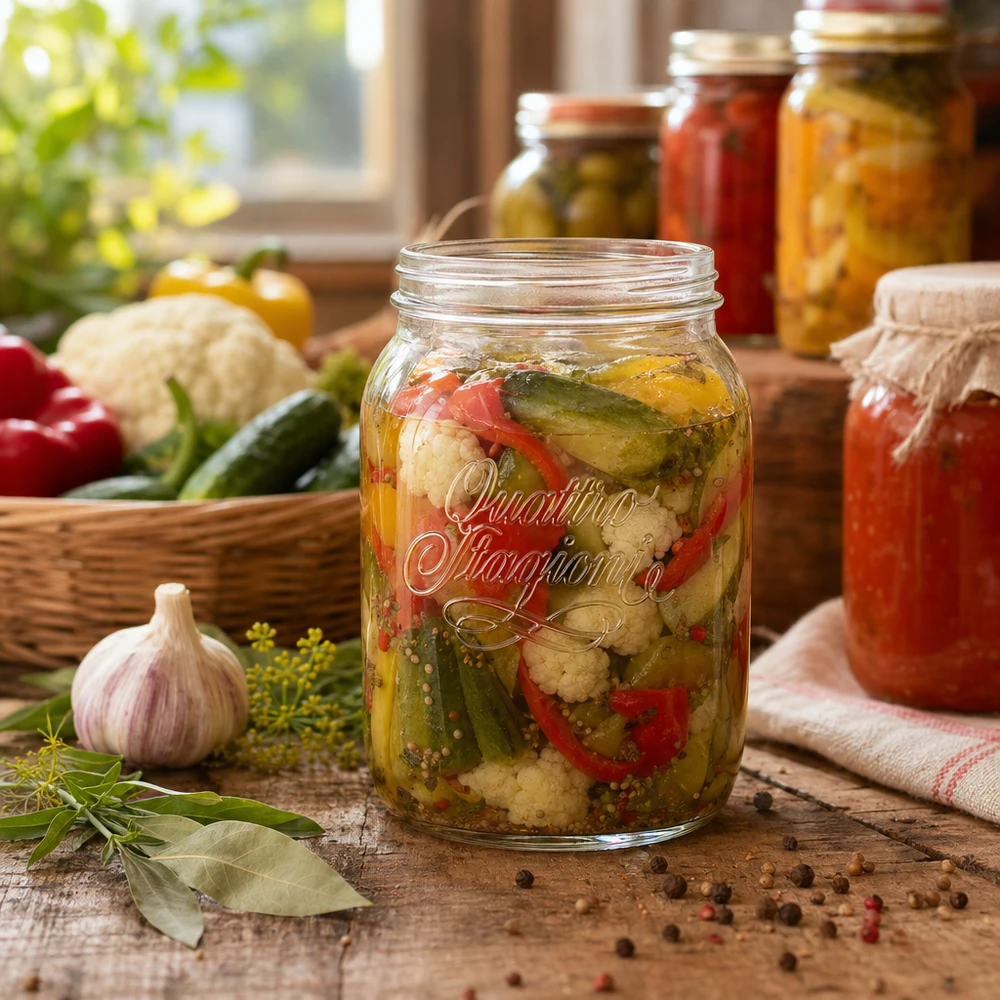 Vaso domestico "Quattro Stagioni" da 2000 ml Barattolo di conserva Quattro Stagioni da 2000 ml con verdure sott'aceto su un tavolo di legno accanto a ingredienti freschi e altri barattoli di conserva