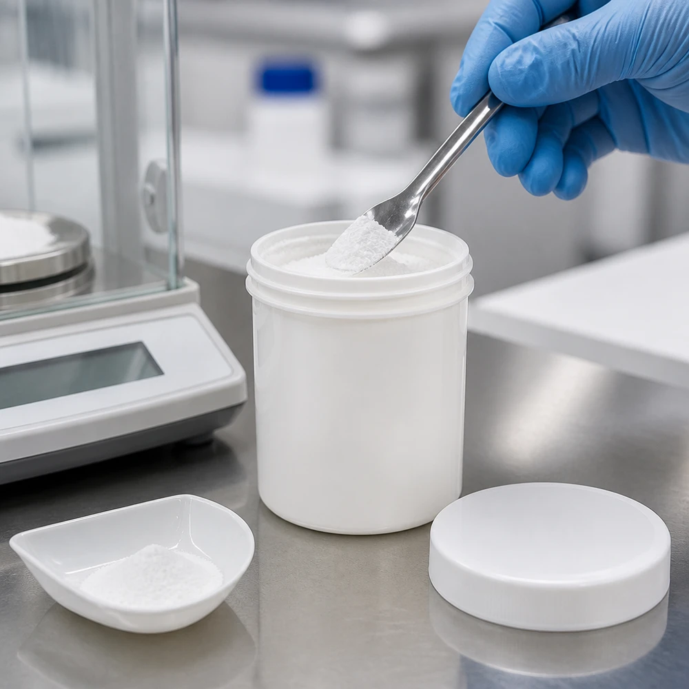 Pot à onguent blanc 250 g avec couvercle blanc (PP) Une spatule de laboratoire prélève de la poudre blanche dans un pot de 250 g ouvert, sur une surface en acier inoxydable