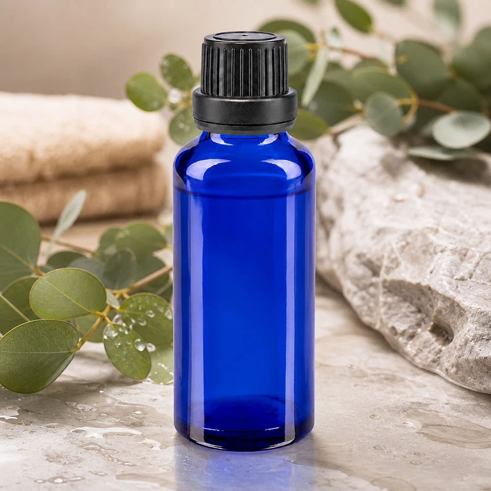 Apothekenflasche blau 30ml Schraubverschluss schwarz Dichteinlage Originalitätsverschluss Zylindrische blaue Apothekerflasche aus Borosilikatglas 30ml mit 11mm Verschluss schwarz