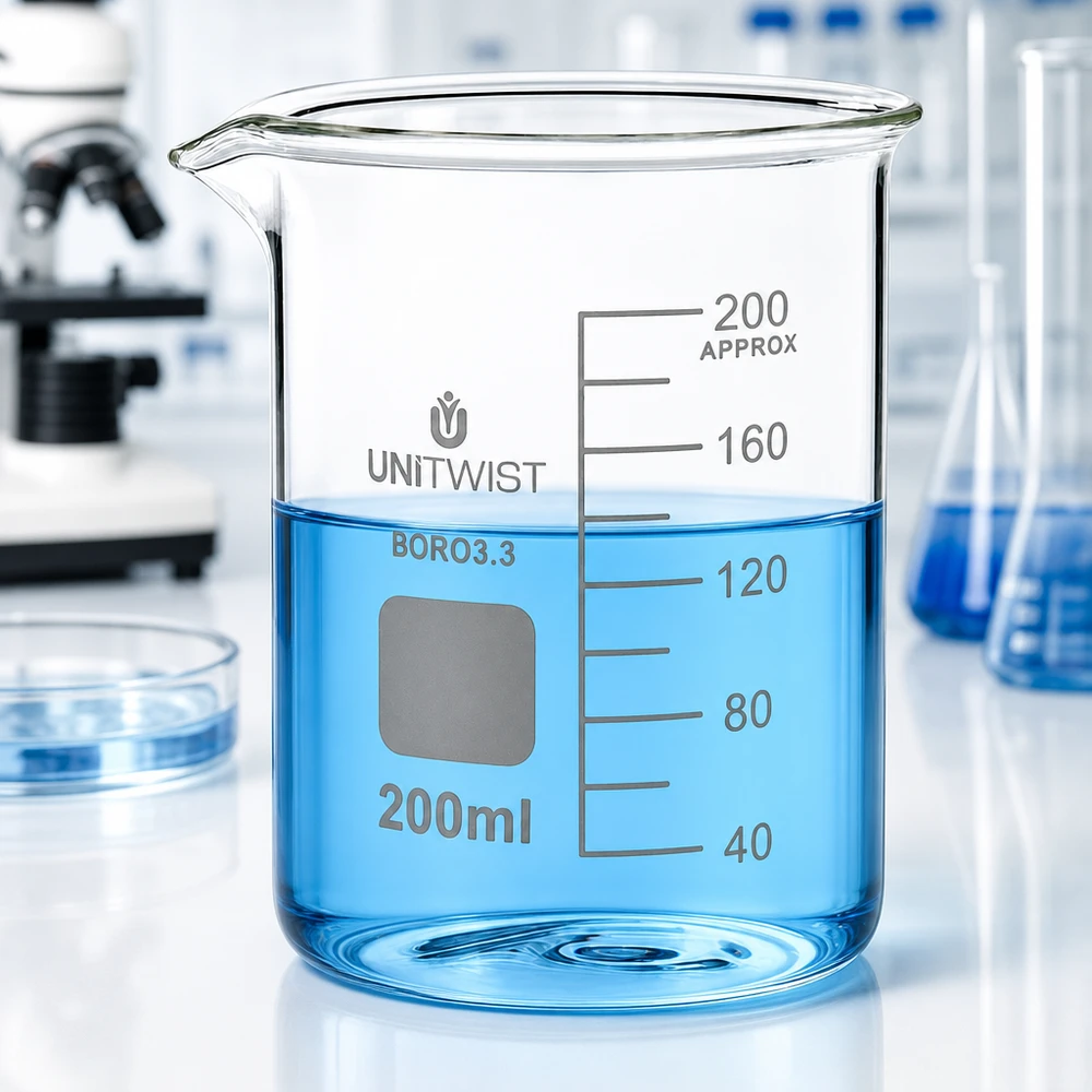 Bicchiere da 200 ml in borosilicato, stampo basso UNiTWIST Bicchiere da laboratorio UNiTWIST da 200 ml in borosilicato, di forma bassa, con liquido blu al suo interno