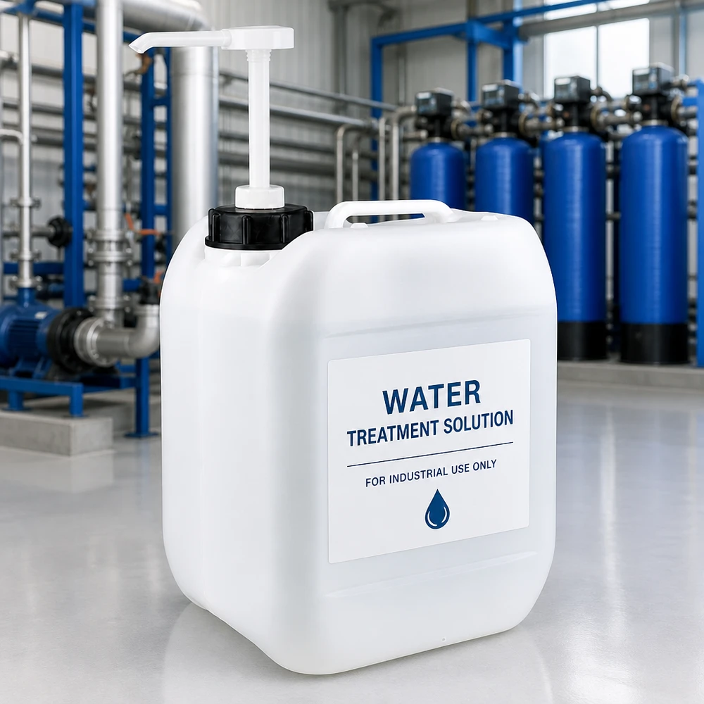 Jerrican de 5 litres avec pompe doseuse Bidon blanc de 5 litres pour le traitement de l'eau, équipé d'une pompe doseuse, devant une installation bleue de traitement des eaux industrielles
