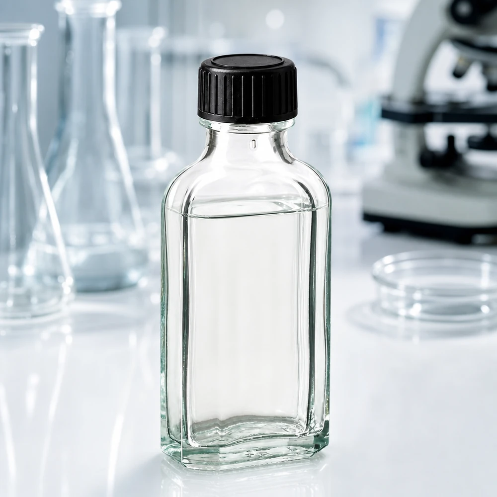 Tappo a vite trasparente Meplat da 50 ml con disco di tenuta LKD Flacone trasparente Meplat da 50 ml con tappo in plastica nera su un piano di laboratorio bianco