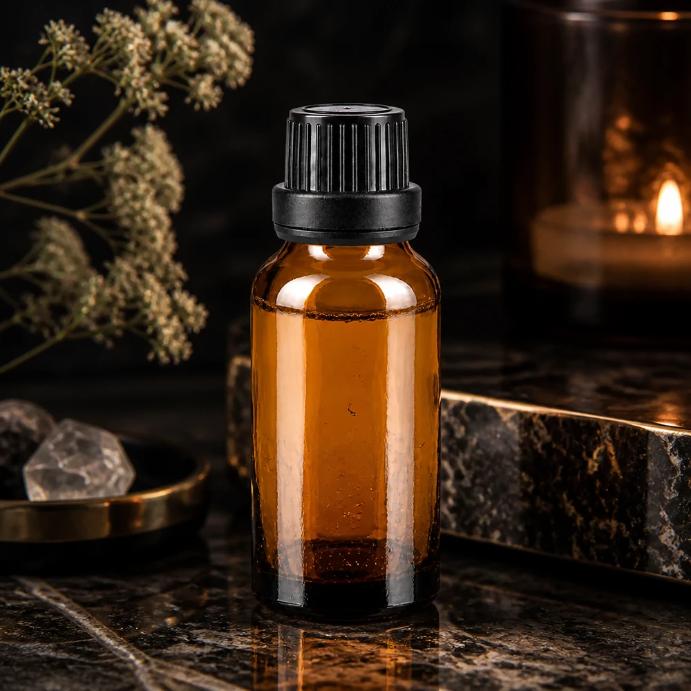 Petite bouteille en verre brun de 20 ml avec un bouchon compte-gouttes noir, posée sur une surface en marbre foncé