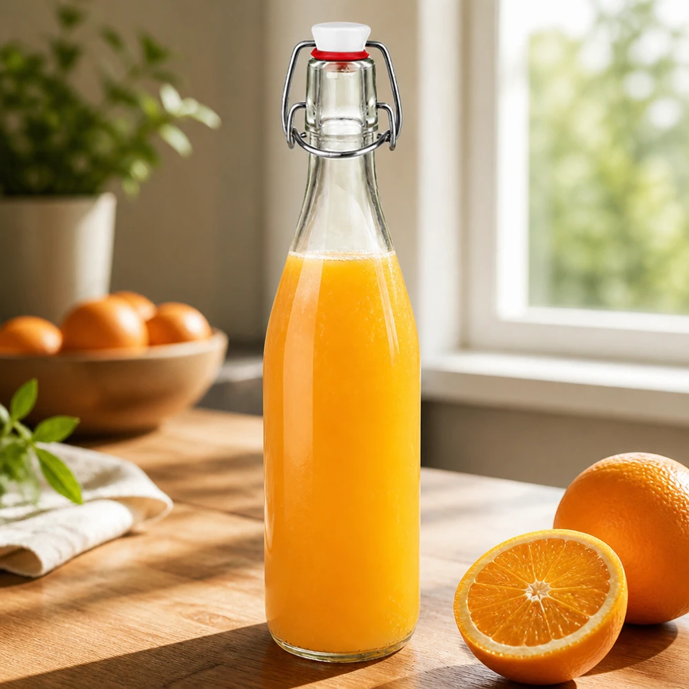 Bottiglia di vetro da 500 ml + tappo oscillante in porcellana UNITWIST Bottiglia di vetro da 500 ml con tappo oscillante riempita di succo d'arancia su una tavola di legno accanto ad arance fresche in cucina