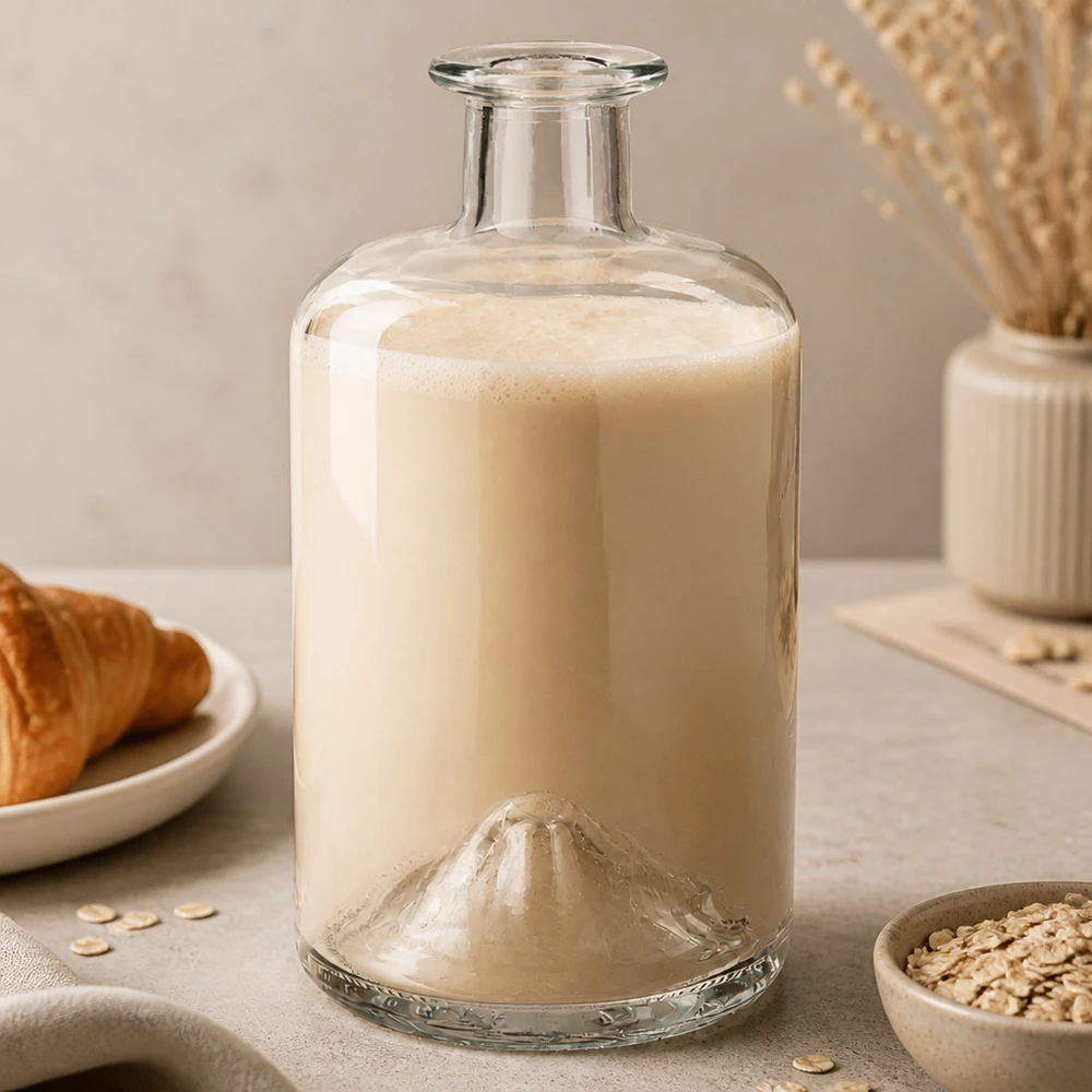 500ml bottiglia da farmacia Sofia riempita con latte d'avena prodotto lifestyle fotografia cucina vetro trasparente vuoto