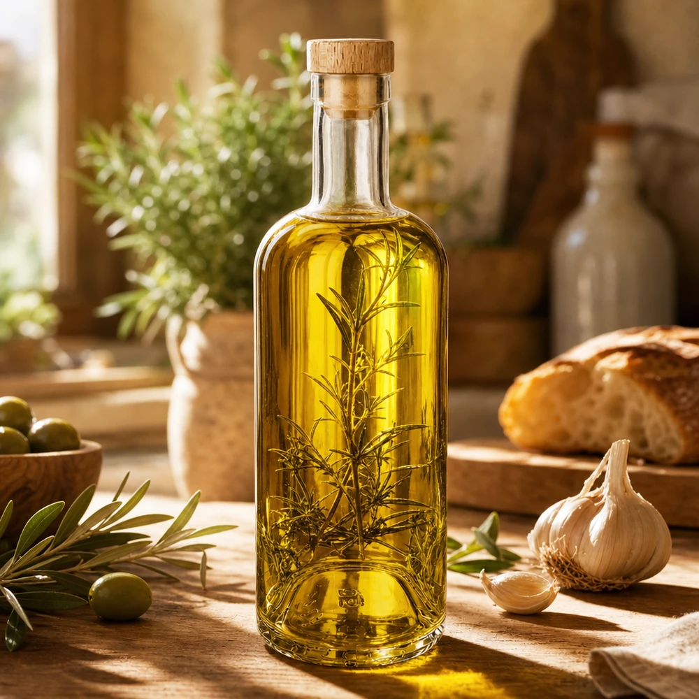 Bottiglia in vetro da 750 ml Emma con tappo in sughero con impugnatura in legno UNiTWIST® 750ml Glasflasche Emma mit Holzkorken gefüllt mit Kräuteröl Rosmarin in mediterraner Küche mit Oliven Knoblauch Brot