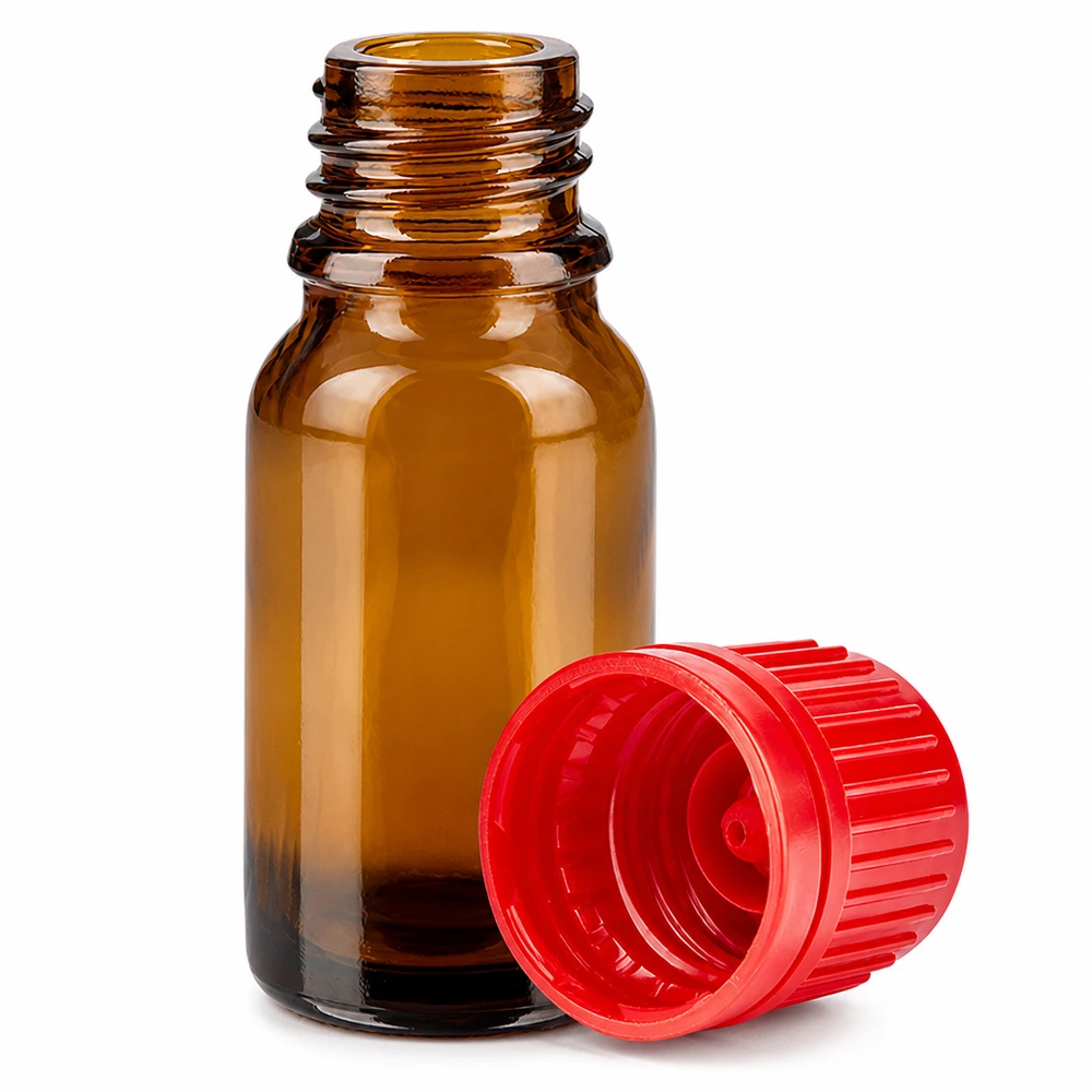 Flacone per medicinali 10ml in vetro ambrato con apertura 11mm e tappo in plastica rossa BrownLine