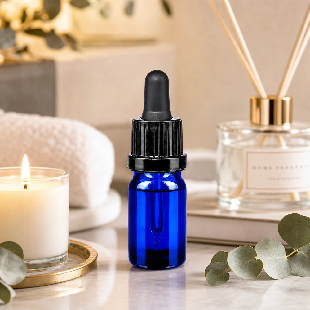 Flacone per aromaterapia da 5 ml in vetro blu con pipetta nera OV BlueLine UT18/5