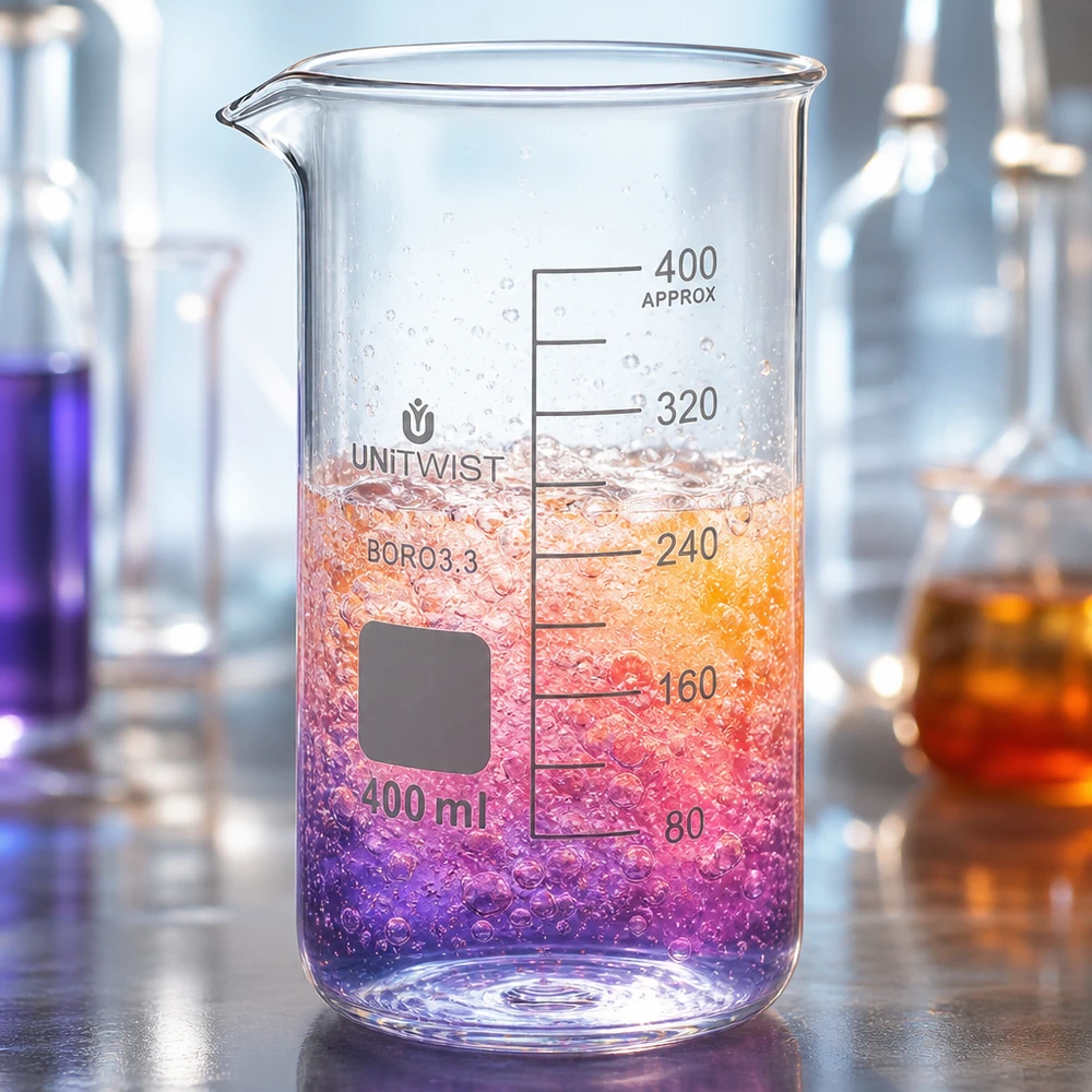 Bicchiere 400ml borosilicato, stampo alto UNITWIST Bicchiere da laboratorio UNITWIST da 400 ml, modello alto, con liquido colorato e bolle in un ambiente di laboratorio professionale