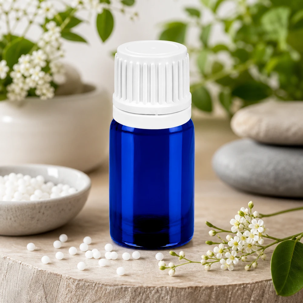 Flacone contagocce medicale da 5 ml di colore bianco-blu per applicazioni farmaceutiche e farmacie