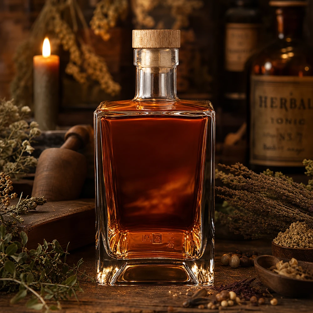Bottiglia in vetro da 700 ml Ben con tappo in sughero con impugnatura in legno UNiTWIST® Bottiglia di vetro da 700 ml Ben riempita di whisky candela rustica alle erbe ambiente spirito marrone tappo di legno UNiTWIST