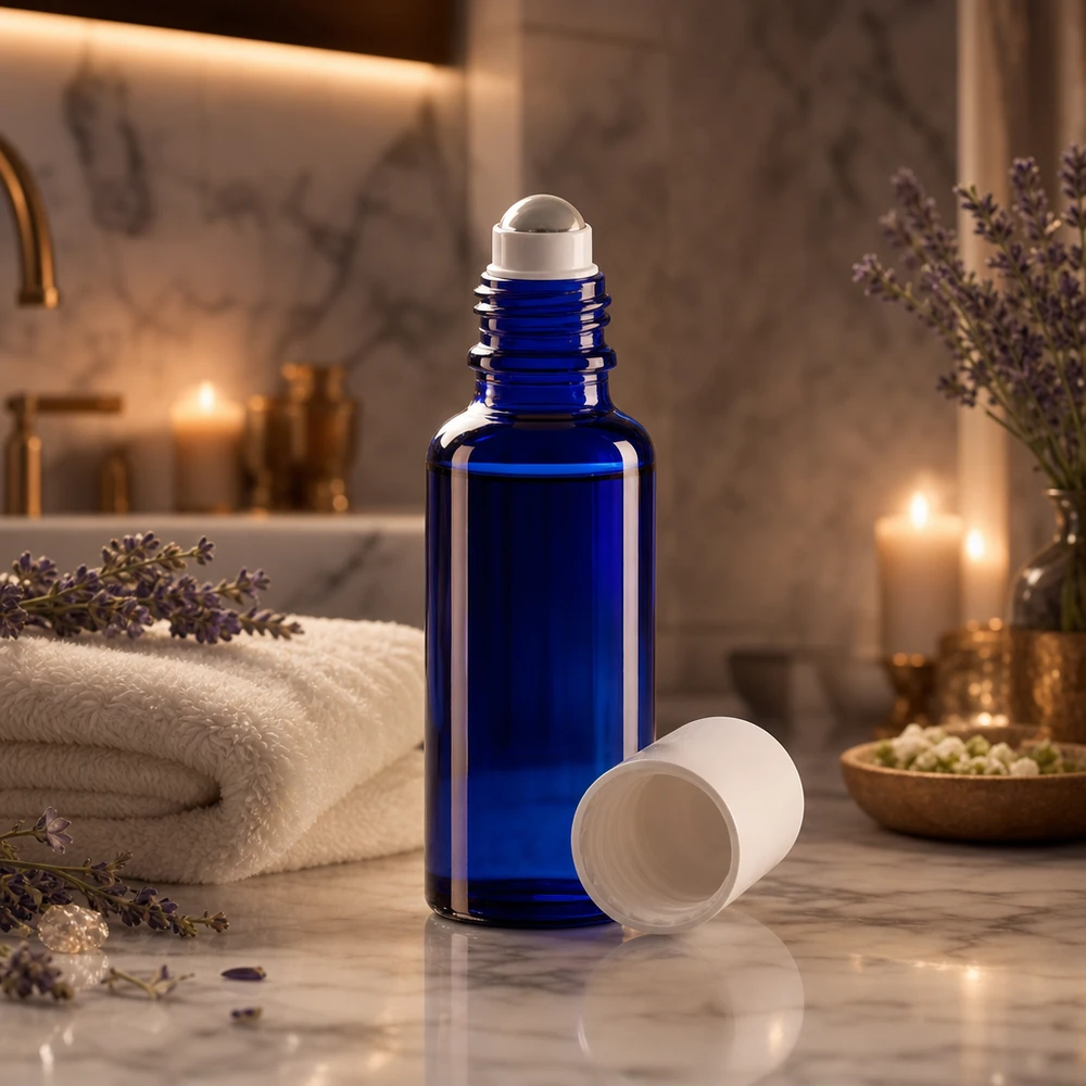 Apothekenflasche blau 30ml Roll-On Verschluss weiß Professionelle 30ml Rollflasche blau aus Apothekerglas für Parfum und Pflegeöle