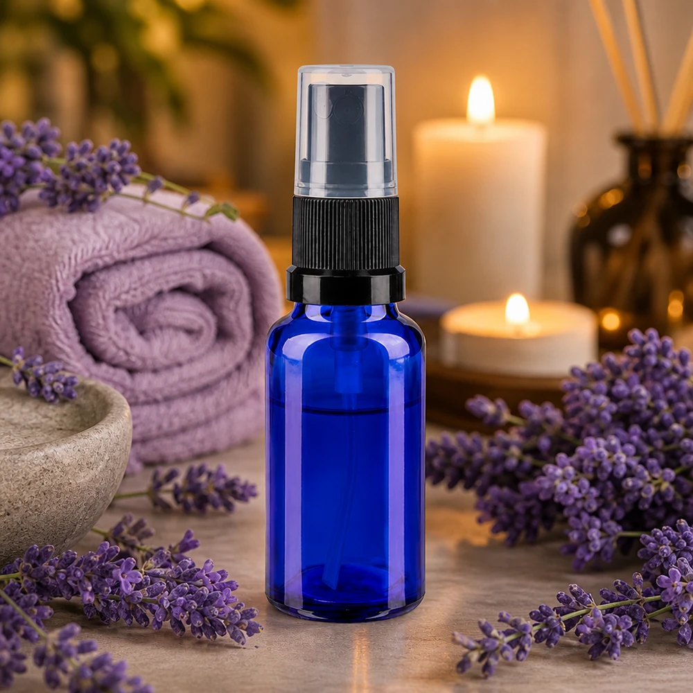 Apothekenflasche blau 20ml Sprayaufsatz schwarz Blaue Borosilikat-Sprühflasche 20ml mit schwarzem Standardverschluss für Raumsprays geeignet