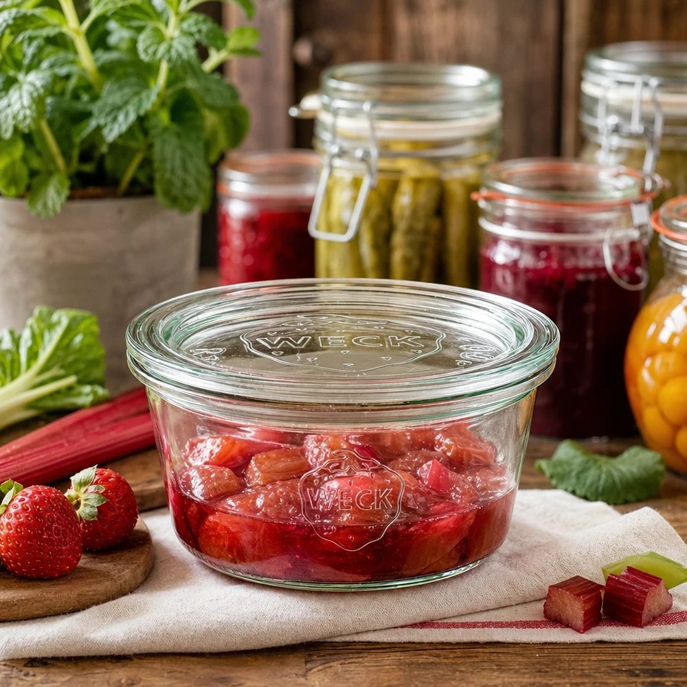 Bocal WECK RR100 de 290 ml, à bord évasé et couvercle en verre WECK Sturzglas 290ml RR100 mit Rhabarber-Erdbeer-Konfitüre gefüllt in Vorratskammer mit Einmachgläsern und frischen Zuta