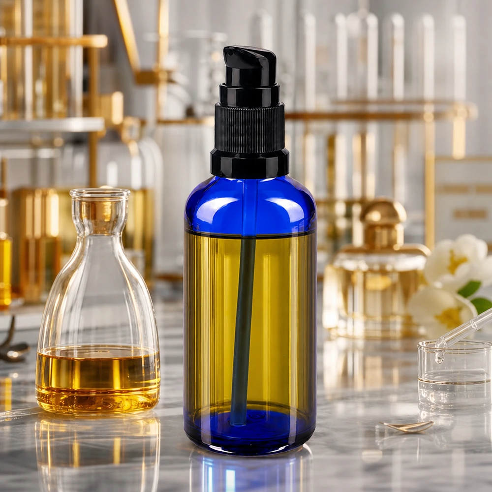 Apothekenflasche blau 50ml PumpVerschluss schwarz Standard Kompakte blaue Apothekerflasche 50ml aus Spezialglas mit präzisem schwarzem Pumpmechanismus