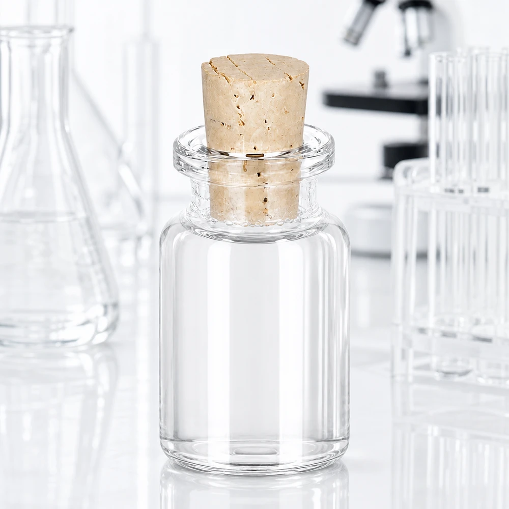 Flasche Klarglas 10ml mit Korken 11/14mm Medizinflasche 10ml Klarglas mit eingestecktem Naturkork vor Laborausstattung