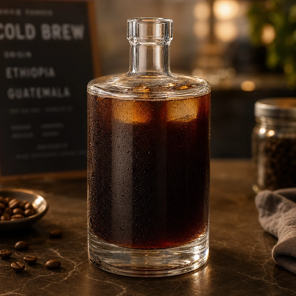 Bottiglia di vetro da 500 ml Marie riempita di caffè freddo mostra l'idoneità per le bevande fredde e l'atmosfera da bar.