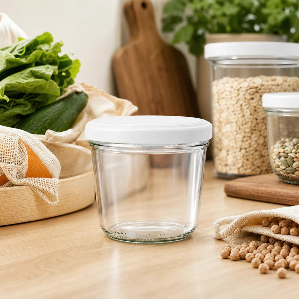 Barattolo di vetro vuoto da 230 ml con coperchio BasicSeal in cucina a spreco zero con barattoli e soluzioni di stoccaggio sostenibili