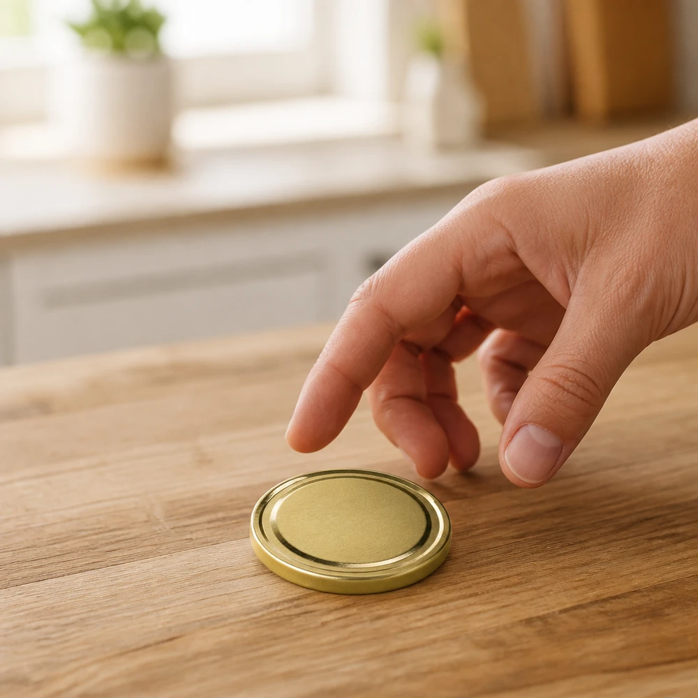 UNiTWIST TO66 gold, BioSeal, BPA-NI, unitemp Einzelner UNiTWIST TO66 Deckel gold 66mm Durchmesser liegend auf Holztisch BioSeal BPA-NI