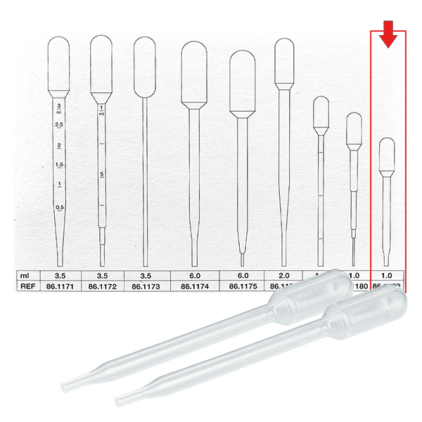 Pipetta di trasferimento, volume nominale: 1 ml, (LxL): 87 x 10 mm, Mater Pipetta di trasferimento, volume nominale: 1 ml, (LxL): 87 x 10 mm, Mater