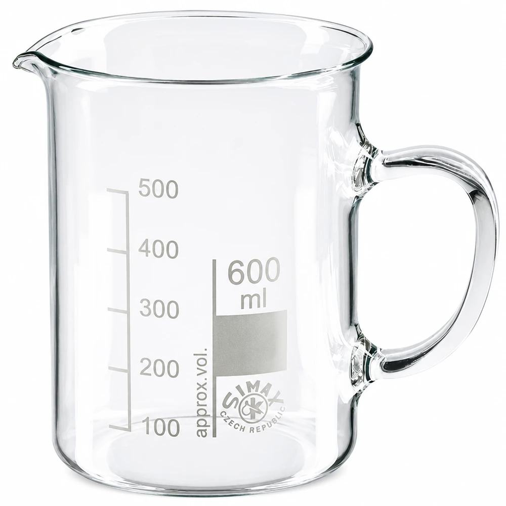 Bicchiere da 600 ml in vetro borosilicato, con manico Bicchiere da laboratorio da 600 ml in vetro borosilicato con manico e graduazione in millilitri fino a 500 ml