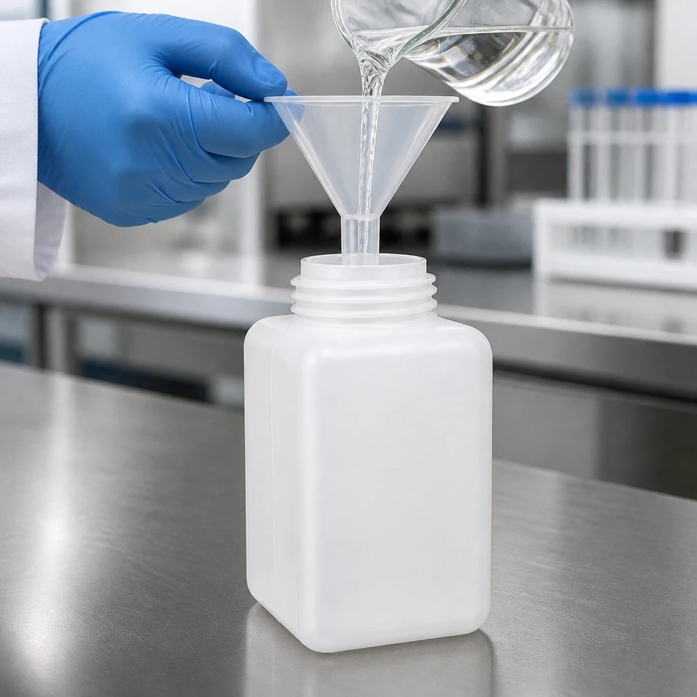 Entonnoir en plastique transparent permettant de verser un liquide de laboratoire dans une bouteille à col large en PE-HD blanche d'une contenance de 1 litre