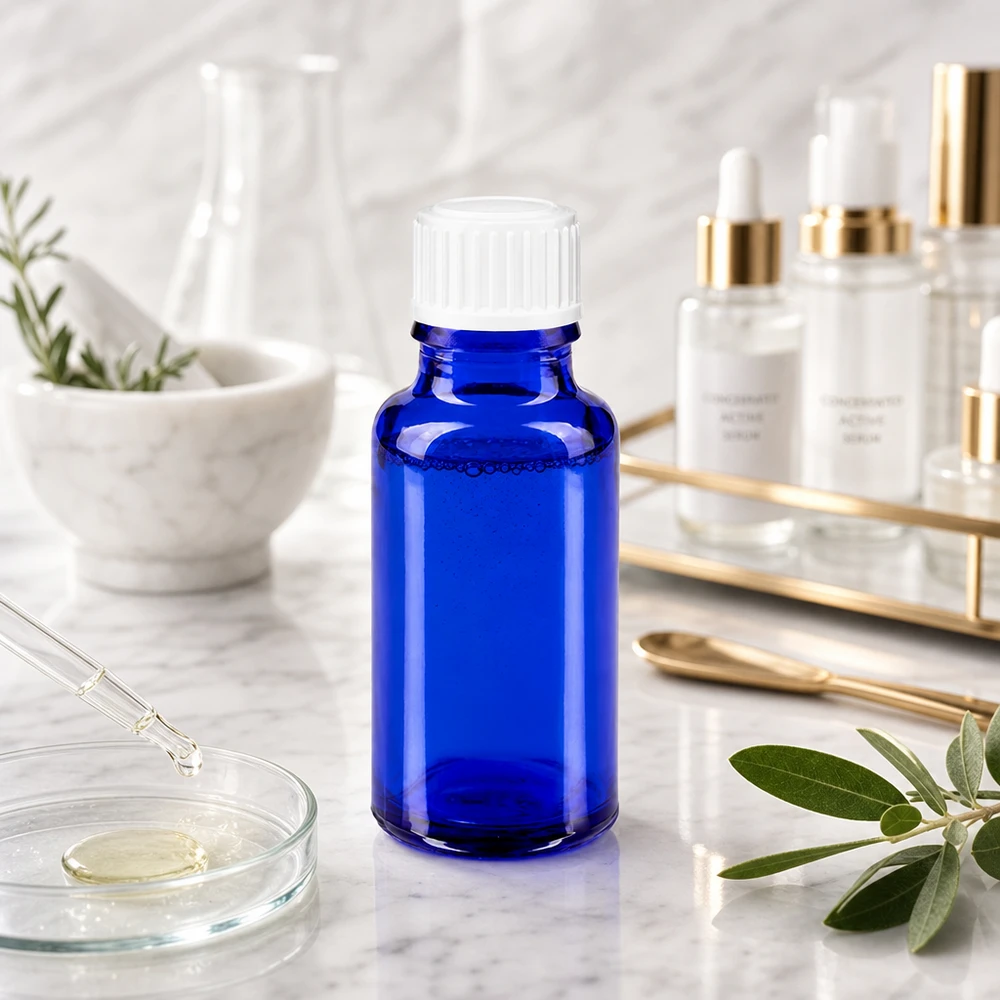 Apothekenflasche blau 20ml Schraubverschluss weiß Standard Professionelle 20ml Abfüllflasche aus blauem Glas mit weißem Schraubverschluss im Laborstyle