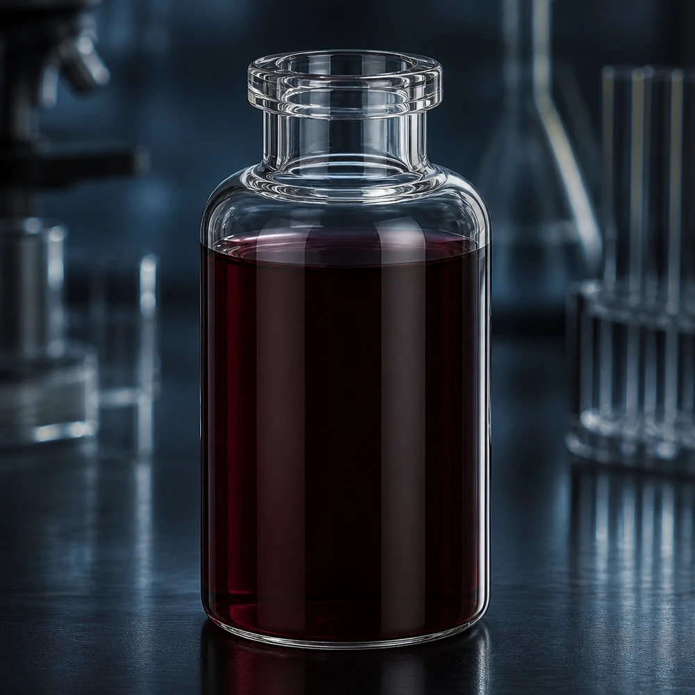 Injektionsflasche Klarglas 30ml Medizinische Klarglasflasche 30ml fast vollständig befüllt mit dunkelroter Injektionslösung