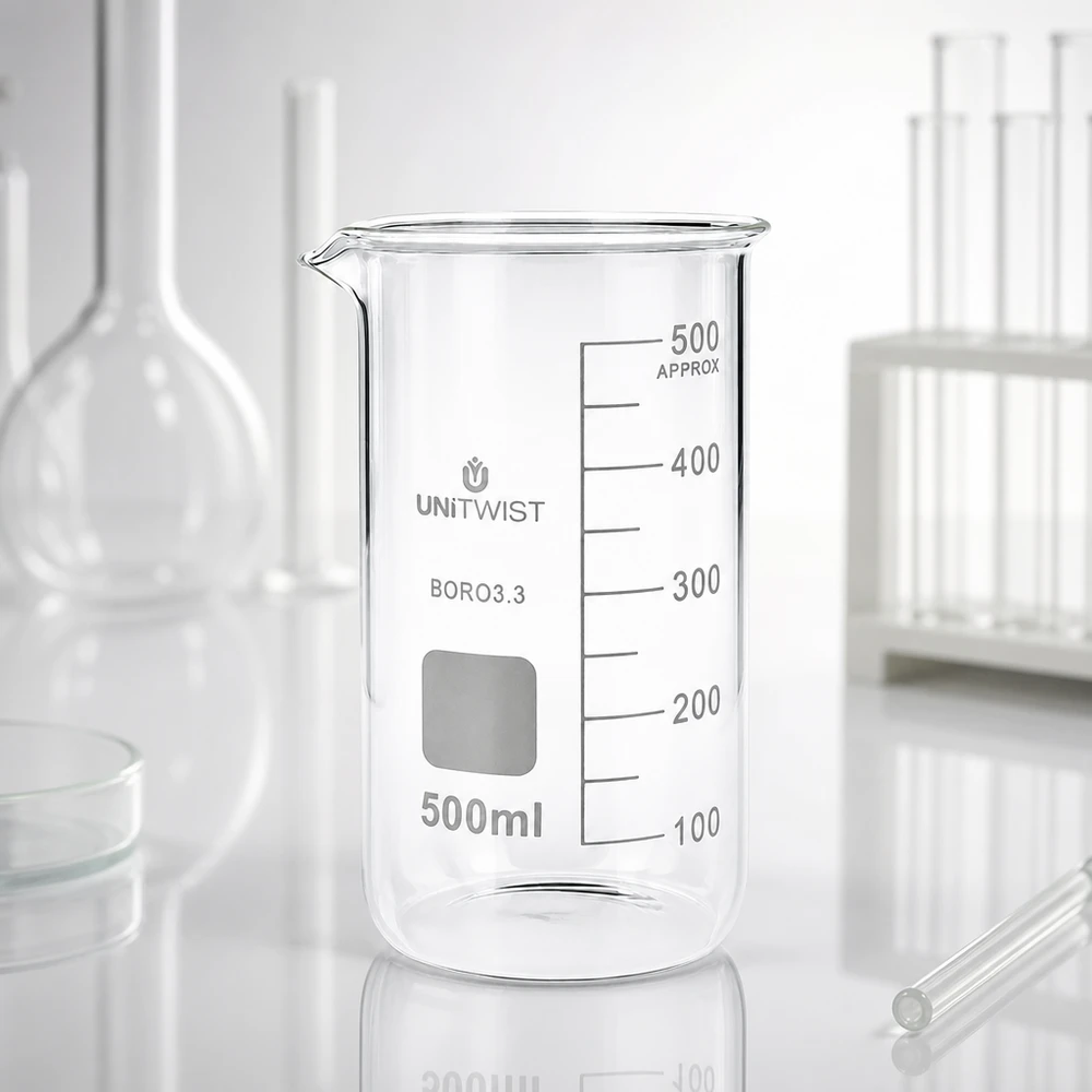 Bicchiere 500ml borosilicato, stampo alto UNITWIST Becher da laboratorio trasparente vuoto da 500 ml, modello alto UNITWIST con scala graduata su sfondo bianco